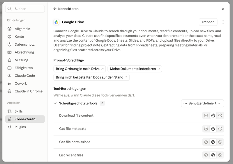 The Google Drive connector settings in Claude, with its starter prompts and the list of tool permissions