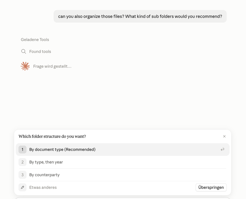 Asking Claude to organize the files, and choosing a folder structure