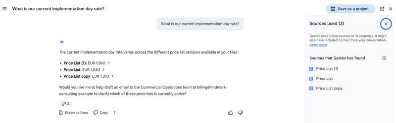 Gemini listing three conflicting rates and offering to email a colleague instead of answering