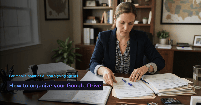 A mobile notary at her desk reviewing loan-signing documents beside her notary journal and stamp, with the headline: How to organize your Google Drive