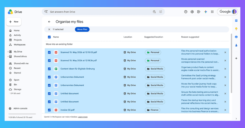 Google Drive&rsquo;s Organize My Files feature suggesting folders and reasons for a batch of loose files, with each suggested move awaiting approval