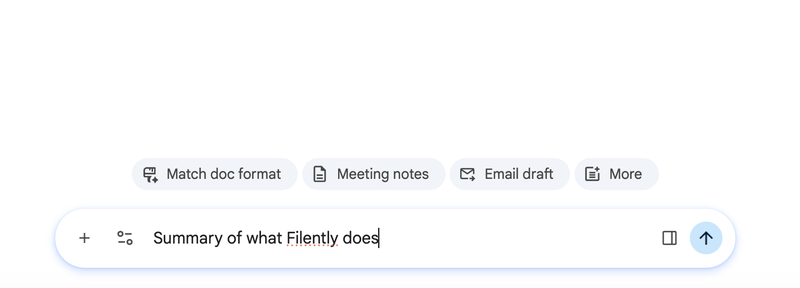 The Gemini prompt bar in Google Docs with quick-action chips like Match doc format and Meeting notes, and a typed prompt