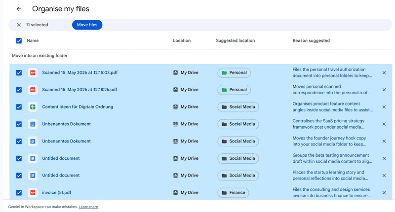 Google Drive’s Organize My Files suggesting folder moves for loose files in My Drive