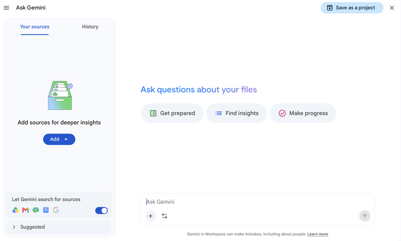 The Ask Gemini interface pulling from Workspace sources like Drive, Gmail, and Calendar, with Get prepared, Find insights, and Make progress actions