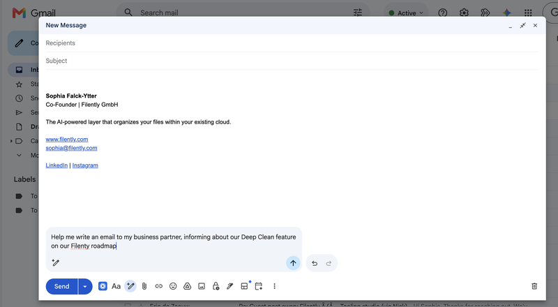 Gmail’s Help me write with a prompt typed into the box to draft an email to a business partner