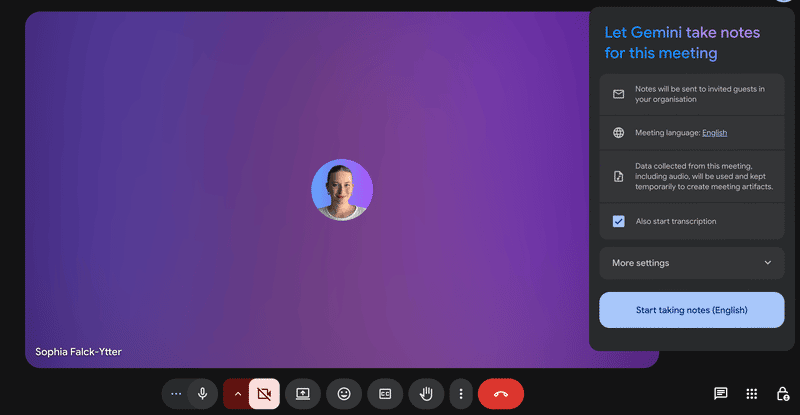 Google Meet’s “Let Gemini take notes for this meeting” panel with meeting language and a Start taking notes button