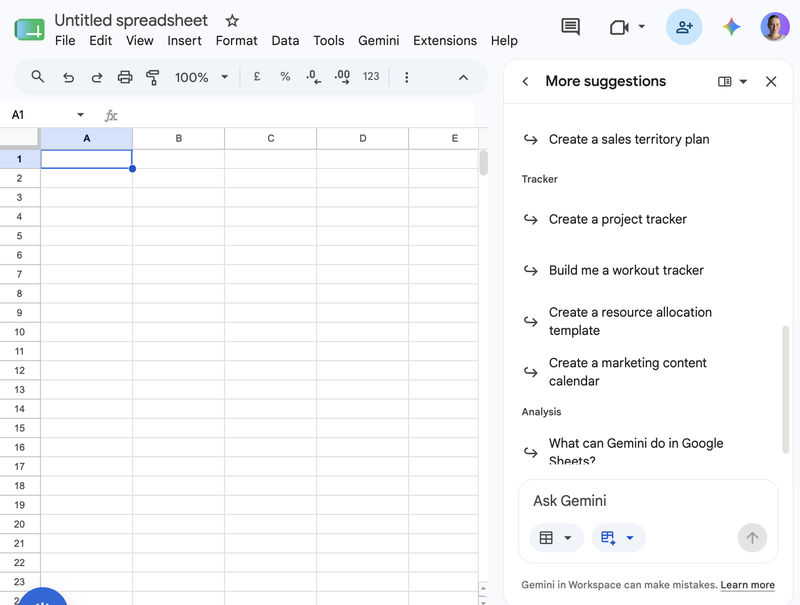 The Gemini side panel in Google Sheets suggesting sheets to build, like a project tracker and a resource allocation template