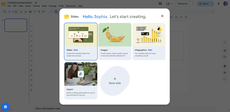 Google Slides’ Gemini start-creating panel offering to generate slides, images, or infographics from a prompt
