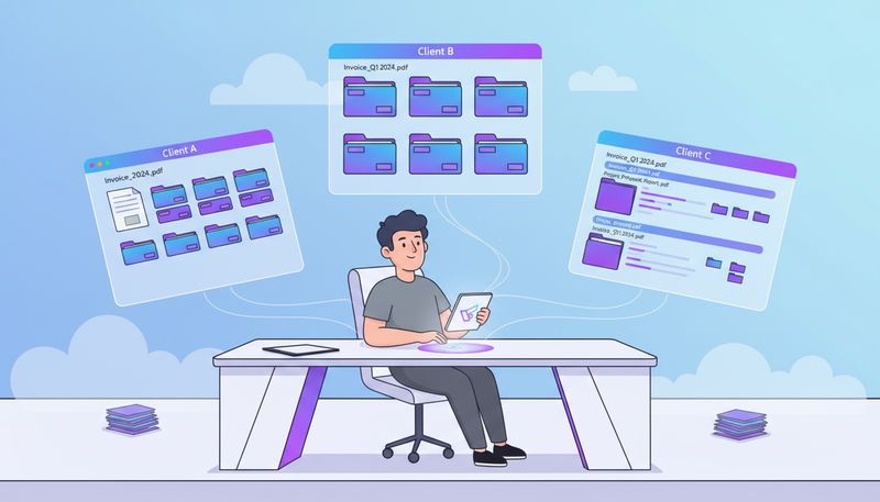 How to organize client files: folder structure with one folder per client, subfolders for projects, drafts, and archive