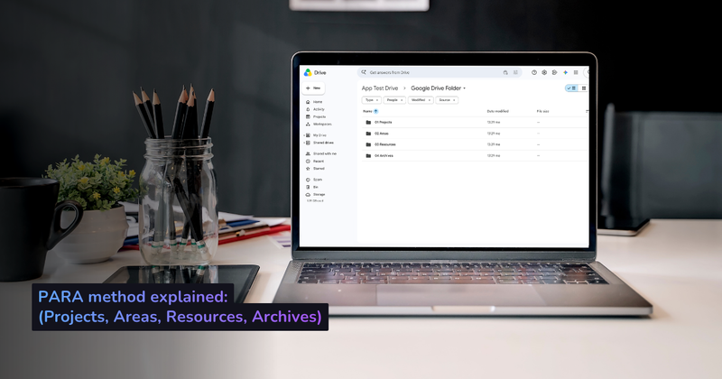 The PARA method applied to Google Drive: numbered Projects, Areas, Resources, and Archives folders open in a Google Drive window
