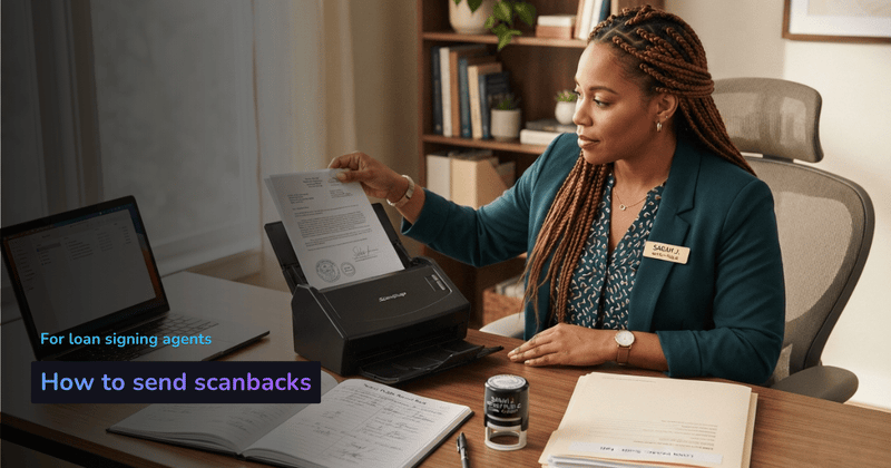 A loan signing agent scanning a signed loan package on a desktop duplex scanner, with a notary journal and stamp beside the laptop
