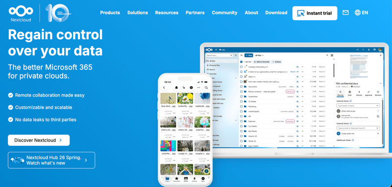 Nextcloud interface: shared file browser with team collaboration, external sharing, and document editing