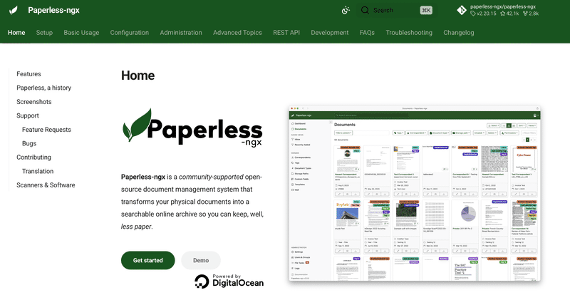 Paperless-ngx interface: searchable document archive with auto-tags, document types, and full-text search