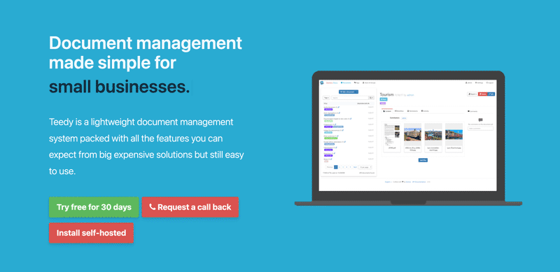 Teedy interface: clean document management dashboard with tag-based navigation and full-text search