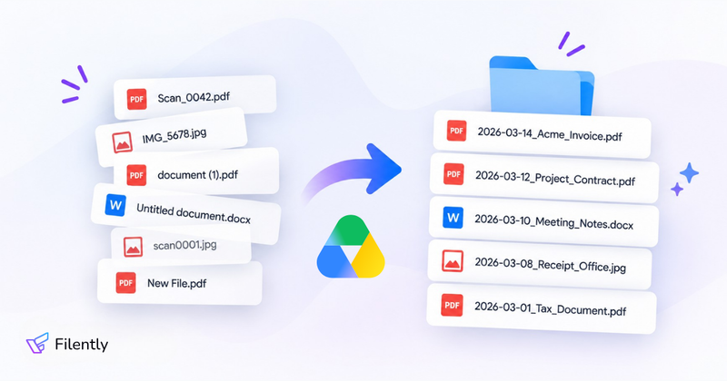 Messy Google Drive files like Scan_0042.pdf, IMG_5678.jpg and Untitled document.docx renamed to dated names such as 2026-03-14_Acme_Invoice.pdf and 2026-03-10_Meeting_Notes.docx